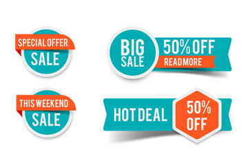 Sale round banner set, circle special offer tag collection. Hot deal 50% off badge template, this weekend only sale icon - obrazy, fototapety, plakaty