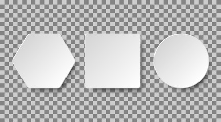 Set of white blank buttons on a transparent background for apps and website. Paper or plastic realistic 3d shape collection. Vector elements, eps10