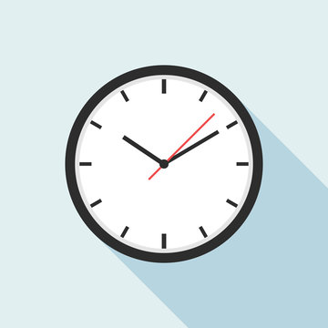 White Clock icon flat design for apps and website, trendy office clock with shadow on a light blue background. Vector illustration, eps 10