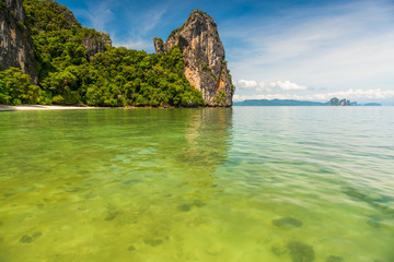 Obraz premium transparent sea water, view of the coral in a beautiful bay with high cliffs, Thailand, Krabi