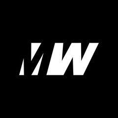 Initial letter MW, negative space logo, white on black background