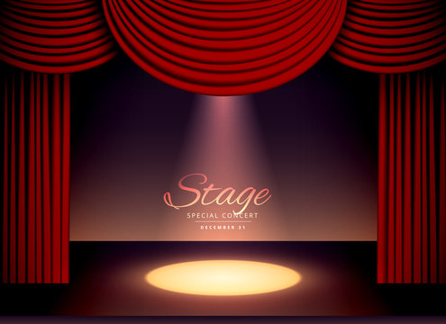 theater scence with red curtains and falling spot light