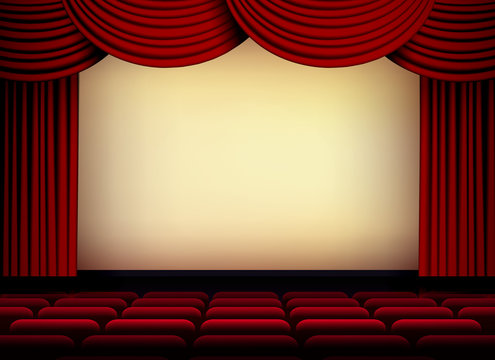 theater or cinema auditorium screen with red curtains and seats