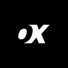 Initial letter OX, negative space logo, white on black background