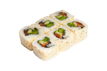 Rolls, sushi on white background isolated, rice, fish, avocado, fish roe