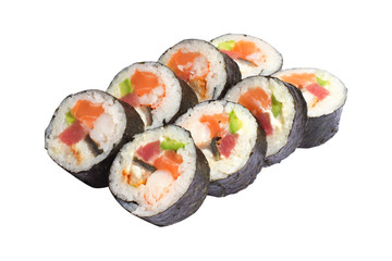 Rolls, sushi on white background isolated, rice, fish, avocado, fish roe