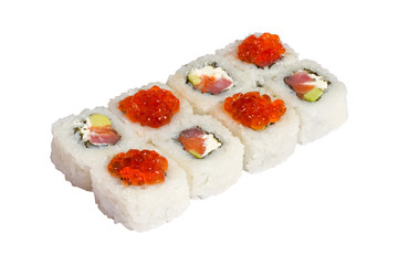 Rolls, sushi on white background isolated, rice, fish, avocado, fish roe