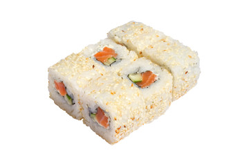 Rolls, sushi on white background isolated, rice, fish, avocado, fish roe