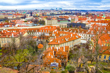 The aerial panorama of roofs at old town Prague, Czech republic