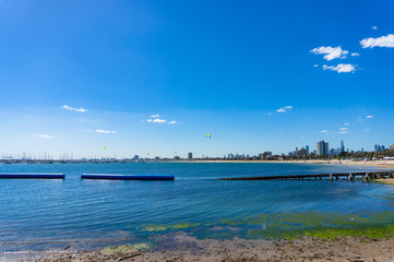 Panoramic view of St.Kilda beach and Melbourne cityscape