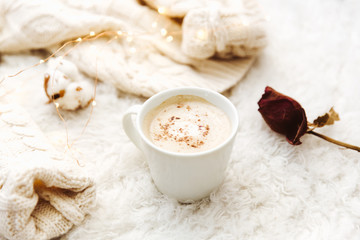 Flat lay composition with coffee for blogger, cozy home, hipster morning, trendy toning