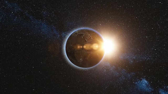 Sunrise view from space on Planet Earth and Sun. World rotating on its axis, Milky Way star in background. Cities Lights. High detailed 4k 3D Render animation. Elements of this image furnished by NASA