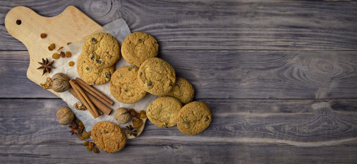 Products for homemade cakes on an old wooden table. Top view. Aromas of Christmas. Organic products. Comfort.