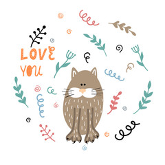 A cute cat with floral elements and text Love You