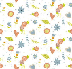 Seamless pattern with cartoon floral elements.