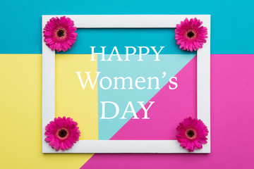 Happy Women's Day Pastel Candy Coloured Background. Floral womens day flat lay minimal geometric patterns greeting card.