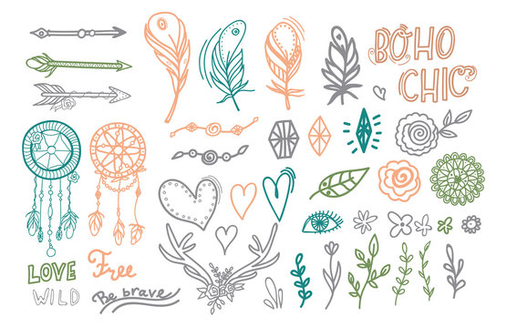 Big collection of hand drawn boho elements