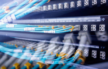 Optical cable close-up. Network devices technology, optical fiber cable and switch. 