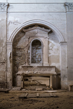 Ruins of abandoned Catholic church. Marche region, Italy