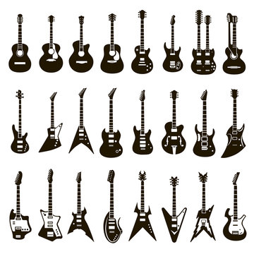 24 black and white icons of guitars and electric guitars