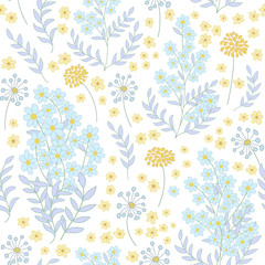 Seamless cute little flowers ornament. Delicate blue yellow on white background