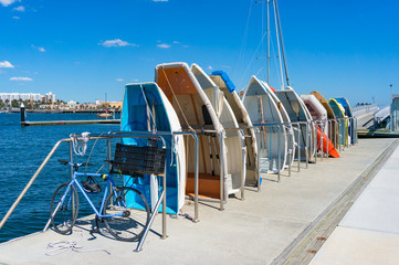 Paddle boats in a row on a pier