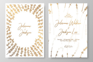 Gold wedding invitation with lavenders. Gold cards templates for save the date, thank you card, wedding invites, menu, flyer, background, greeting cards, postcards.