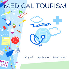 Medical tourism concept symbol background. Medical stethoscope on globe, airplane and cross as medical sign. Template flyer, brochure, website banner layout