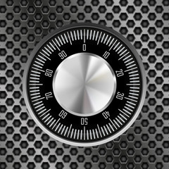 Safe lock button. Round knob with digits on metal perforated background
