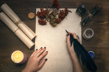 Ancient magic scroll paper sheet with copy space. Witchcraft. Witch doctor desk table. Magic...