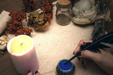 Ancient magic scroll paper sheet with copy space. Witchcraft. Witch doctor desk table. Magic...