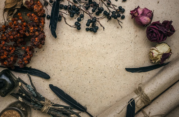 Ancient magic scroll paper sheet with copy space. Witchcraft. Witch doctor desk table. Magic...