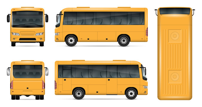 Yellow bus vector mock up for advertising, corporate identity. Isolated template of small bus on white background. Vehicle branding mockup. Easy to edit and recolor. View from side, front, back, top.