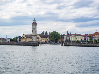 View to historic harbor of Lindau at the lake Bodensee in Bavaria, Germany