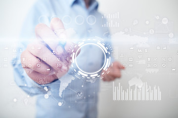Internet, Business and technology concept. Icons, diagrams and graphs background on virtual screen.