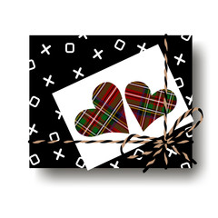 Black hugs and kisses gift present box with tied string bow and two plaid tartan hearts note. Wrapping diy idea. Vector illustration. Top view