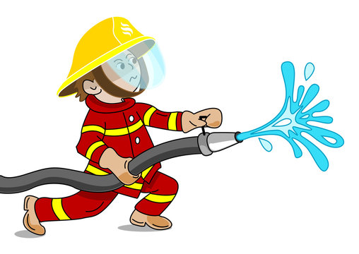 A small fireman holding a fire hose from which water flows - cartoon vector graphic
