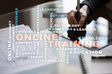 Online training on the virtual screen. Education concept. Words cloud.