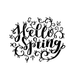 Hand lettering template Hello Spring. Vector illustration with brush elements and phrase on white isolated background.