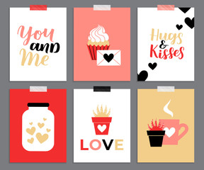 Set of cute romantic templates. Collection of flat illustrations with heart, gift, cupcake, flower, envelope. Modern colors vector design.