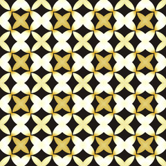 Black and gold geometric pattern in repeat. Fabric print. Seamless background, mosaic ornament, ethnic style.