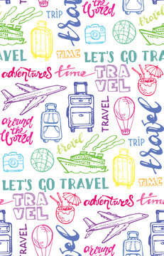 Hand drawn doodle travel set. Travel pattern