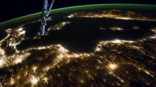 ISS view of rotating planet earth with aurora and star galaxy. Created from Public Domain images, courtesy of NASA JSC : http://eol.jsc.nasa.gov.