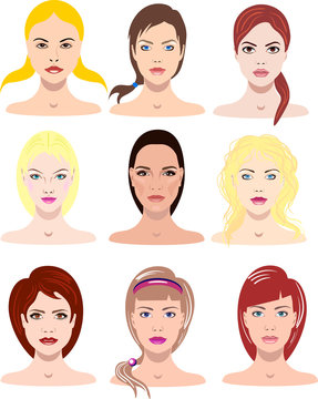 vector illustrations of beautiful young girls with various faces and hair style