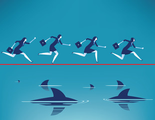 Risk. Business team running on tightrope in rope with floating predatory sharks. Concept business vector illustration.
