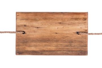 Wooden light signboard hanging on two ropes. Isolated on white background.