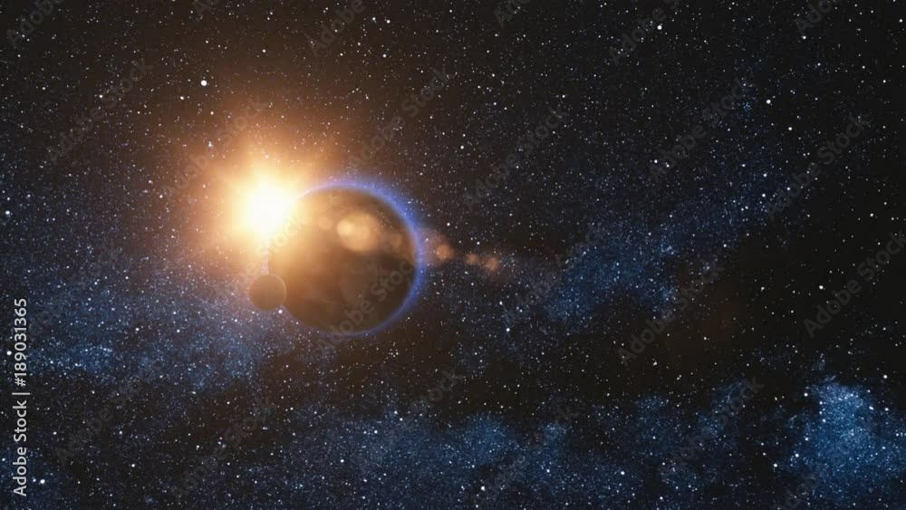 Canvas Prints sunrise view on rotating planet earth and moon. milky way with thousand stars in the background. hig
