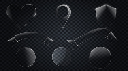 Set of glass drawn ribbons / banners. Hand drawn Badge, banner, ribbon, flag, sunburst design element.