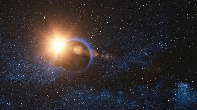 Sunrise view on Rotating Planet Earth and Moon. Milky way with thousand stars in the background. High detailed 4k 3D Render animation. Elements of this image furnished by NASA. Astronomy and science