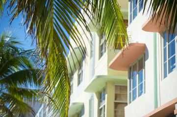 Fototapeta na wymiar Architectural details in pastel colors of a traditional Art Deco building in Miami Beach, Florida, USA